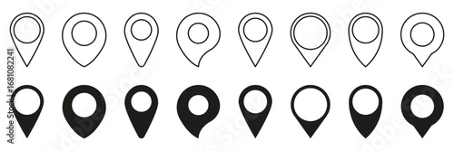 Map Location Pin Line And Solid Icon Set. Navigation And Geolocation Marker Outline And Silhouette Symbol Collection. Gps Positioning And Mapping Tool. Isolated Vector Illustration