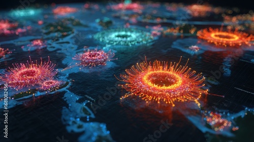 World map with glowing viral hotspots, 3D illustration. 