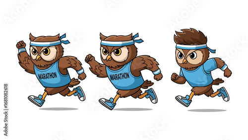 Energetic Owls on the Run: Dynamic illustrations of three athletic owls in motion, sporting vibrant sportswear and focused expressions, epitomizing dedication to health and exercise.