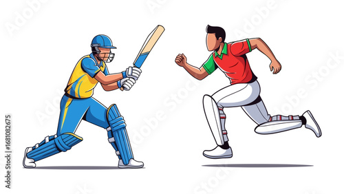 Cricket Match in Action: A dynamic illustration captures the essence of a cricket match with two players in action. The batsman is poised to hit the ball and the bowler in action ready to delivery.