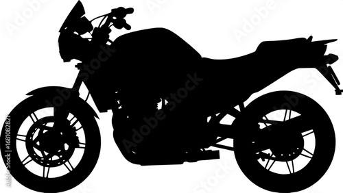 Minimalist motorcycle silhouette, side view, solid black shape, simple flat logo design.