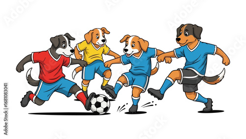 Dog Soccer Match: Four animated dogs, each in a different colored uniform, passionately engage in a lively soccer match. Their playful interaction highlights the fun, competitive spirit of sports.