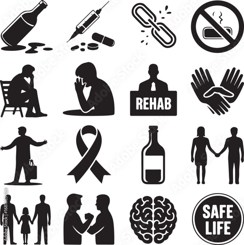 Addiction and recovery icons silhouettes on white background alcohol drugs