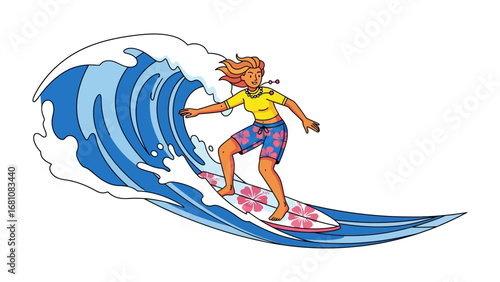 Surfer's Embrace: A vibrant illustration captures a surfer riding a powerful wave, embodying the spirit of adventure and the thrill of the ocean.