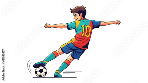 Football Player Kicking Ball: A dynamic illustration captures a young football player in mid-kick, showcasing the energy and skill of the sport with bold graphic style and intense focus. 
