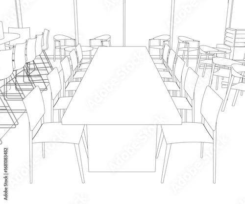 A minimalist kitchen area with a long table and chairs arranged in symmetrical contour lines. The clean design emphasizes balance and harmony in the sparsely decorated space.