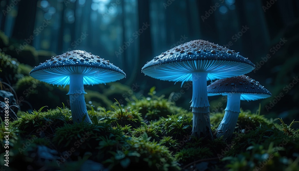 Fototapeta premium Luminescent mushrooms stand tall in a mystical forest scene, glowing a vibrant blue under the ethereal light.