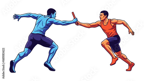 Pass the Baton: Dynamic illustration of athletes passing the baton, capturing the essence of relay teamwork, speed and sporting competition. 