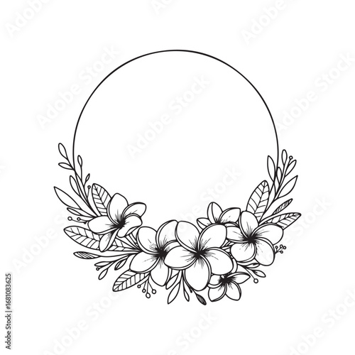 Hand drawn floral wreath with plumeria flowers isolated on white background