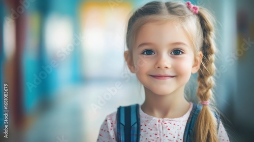 Portrait of smiling preschool girl with backpack ready for school