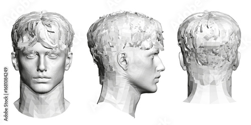 Low polygonal male head with three distinct facial views, geometric shapes, and modern fashion hair design against a clean white background.