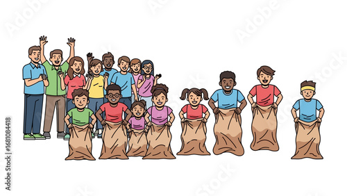 Joyful Sack Race: A vibrant depiction of a sack race in full swing, with a diverse group of children and supportive spectators gathered together in a fun-filled display of energy and competition.