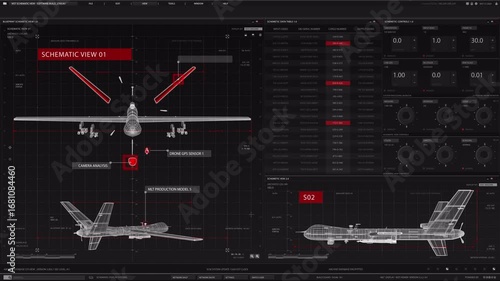 High-tech futuristic HUD interface animation featuring military drone schematics, tactical analysis data, and sci-fi inspired UI design. Perfect for cyberpunk projects, technology presentations, gamin