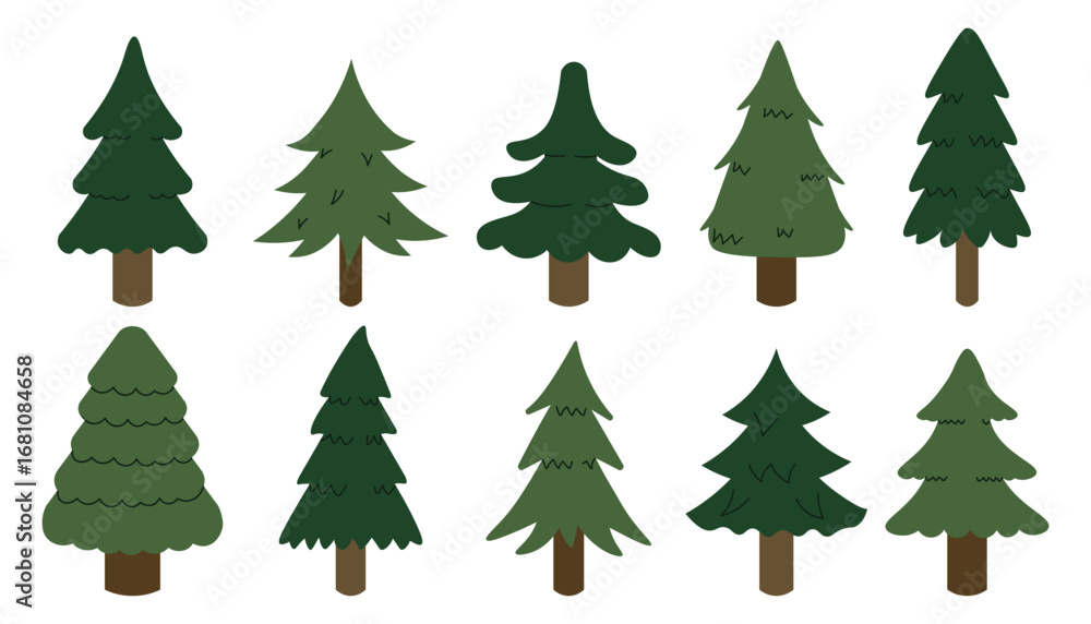 Fototapeta premium Flat style illustration of various Christmas trees with simple decorative shapes, perfect for holiday design, seasonal cards, and festive decorations