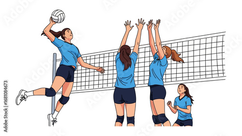 Volleyball Action: Dynamic illustration showcasing a volleyball game in action, highlighting the athleticism and teamwork involved in the sport. Players in focus, the energy and intensity of the game.