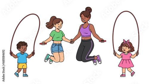 Skipping Joy: A group of children and an adult revel in the simple pleasure of jumping rope, their movements echoing the vibrant energy of youthful exuberance and joyful bonding.