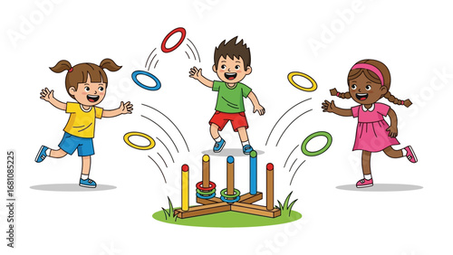 Ring Toss Fun: A trio of cheerful children engaged in a lively game of ring toss, exuding pure joy. Playful energy and teamwork.