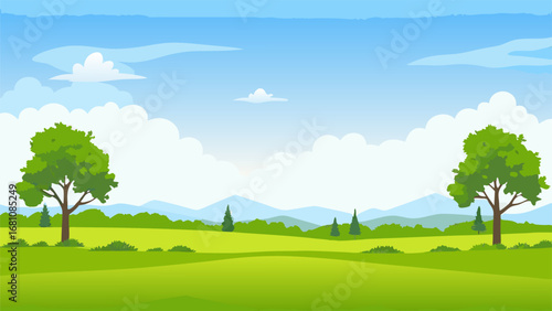 a serene landscape with green fields trees and distant mountains