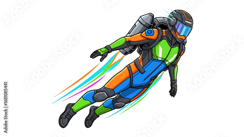 Soaring Aspirations: An illustration depicting a futuristic figure in a sleek jetpack suit, streaks across the sky, showcasing the boundless potential of imagination and human innovation. 