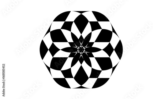 Geometric black and white mandala artwork with floral star symmetry, suitable for tattoo art, modern wall décor, album covers, digital design, fashion prints, and abstract illustration