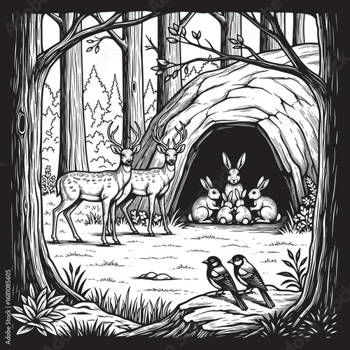 Vector art of a deer and rabbits in a forest clearing with birds in the foreground