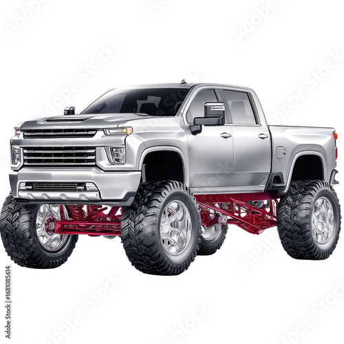 Silver Pickup Truck with Lift Kit and Large Tires on an Isolated Background, Ideal for Automotive Enthusiasts