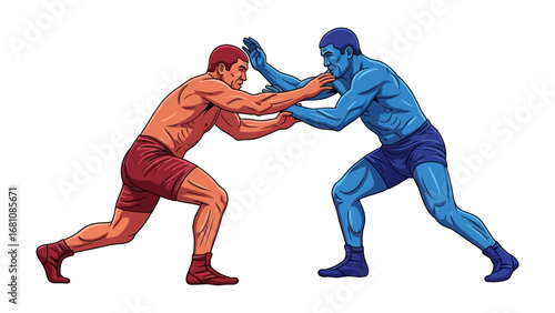 Wrestling Match: Two muscular wrestlers engage in a dynamic grappling contest, illustrating the intensity and skill of the sport through bold, graphic illustration.