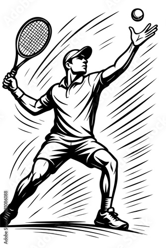 Black and white illustration of a tennis player serving the ball with powerful motion lines