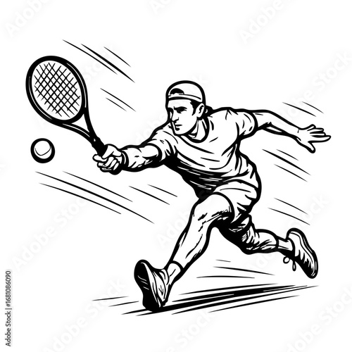 Black and white sketch of a tennis player diving to hit a forehand shot