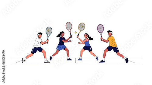 Tennis Match Illustration: Dynamic illustration captures the energy of a tennis match, showcasing two pairs of players in action, rackets poised, ready for the next serve or volley.
