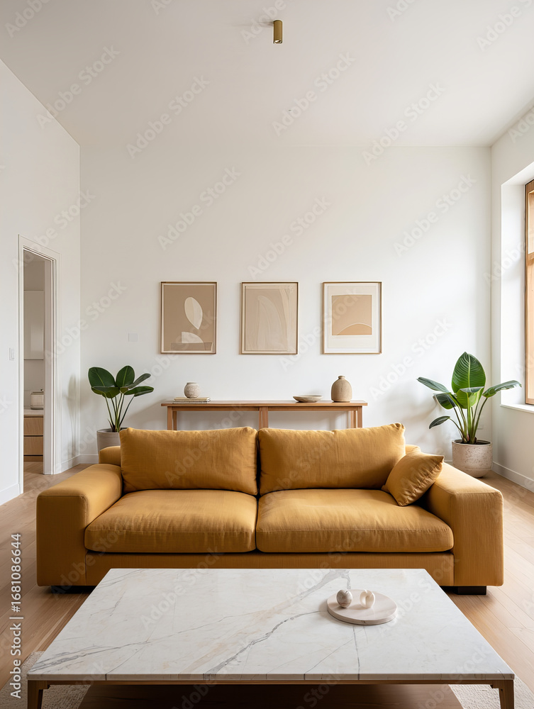 Fototapeta premium Living room with ochre sofa and marble coffee table 