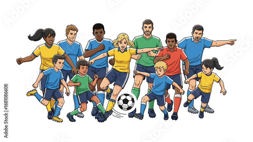 Soccer Team Ready for Action: A diverse soccer team stands ready, poised for action in a colorful illustration. This dynamic scene encapsulates the spirit of teamwork, competition.