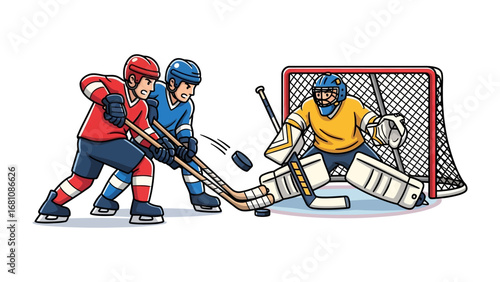Ice Hockey Action: A dynamic illustration captures the intensity of ice hockey, showcasing players in full action as they battle for control of the puck, with the goalie ready to defend the net.