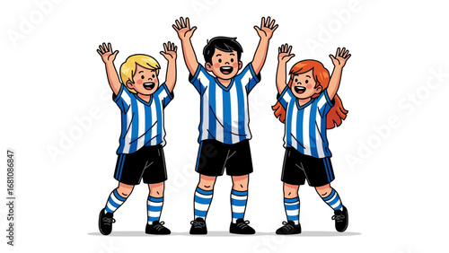 Youthful Triumph: A vibrant illustration of three young soccer players exuding joy and celebration, their arms triumphantly raised in unison, capturing the spirit of teamwork and victory.