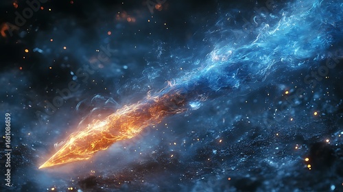 Captivating abstract photo featuring fiery meteor with luminous blue and orange color effects