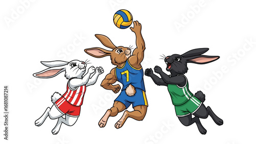 Bunnies Volleying: Cartoon bunny athletes execute athletic excellence, leaping to spike the ball and the sheer excitement of game. 