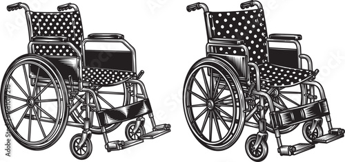 Vector art of two wheelchairs in a sketch style, one with polka dot seat