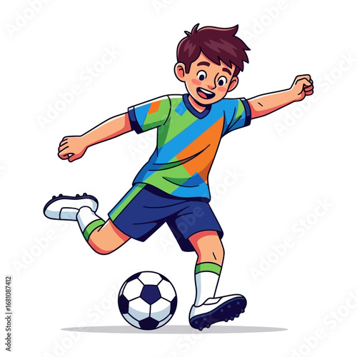 Soccer Action Illustration: A dynamic illustration captures the energy of a young soccer player as he kicks the ball with skillful precision.