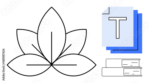 Lotus flower symbolizing harmony beside stacked books and documents indicating learning and organization. Ideal for wellness, mindfulness, education, organization, simplicity, balance, and a clean