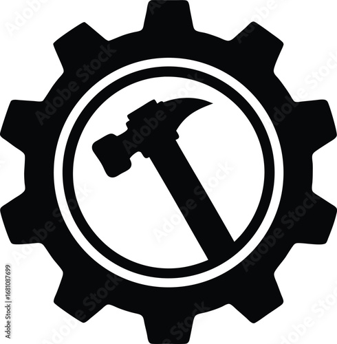 Industrial gear with central hammer silhouette design for mechanical themes