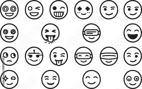 Collection of hand-drawn emoji faces expressing various emotions and feelings for digital communication and social media platforms