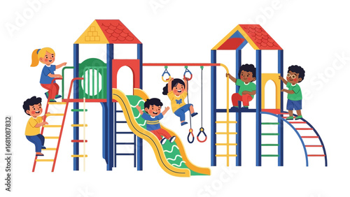 Playground Fun: Delightful illustration captures children joyfully playing on a colorful playground, embodying the spirit of carefree childhood and the power of friendship.