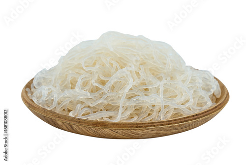 closeup Korean glass noodle vermicelli for Japchae food cutout in wood bowl