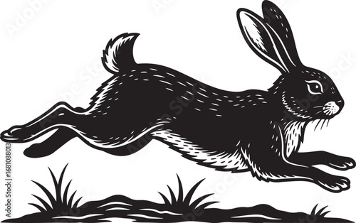 Vector art of black and white illustration of a rabbit running through grass