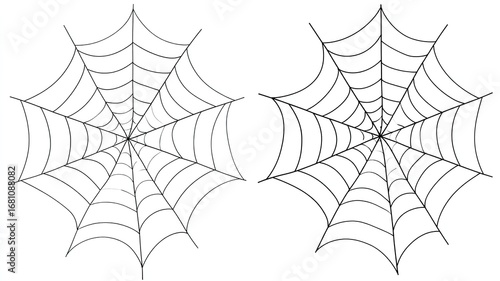 Two simple line art spider webs in clipart style on white background Halloween spooky decoration cartoon icons and graphic design resource