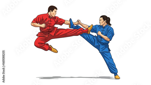 Martial Arts Duel: Two disciplined martial artists in vibrant attire engage in a dynamic combat demonstration, each poised in a moment of powerful movement and balance.