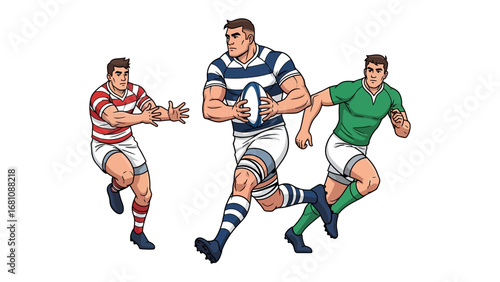 Rugby Game in Progress: Dynamic illustration of three rugby players engaged in the heat of the game, each clad in distinct team colors, set against a clean backdrop.