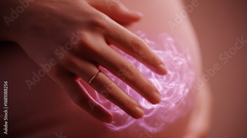 Wallpaper Mural A gentle hand rests on a pregnant belly with a soft pink glow surrounding the baby bump in a close up view Torontodigital.ca