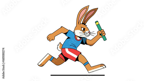 Rabbit Relay Runner: An energetic illustration of a running rabbit in athletic attire, sprinting with a relay baton, capturing the spirit of competition and teamwork.