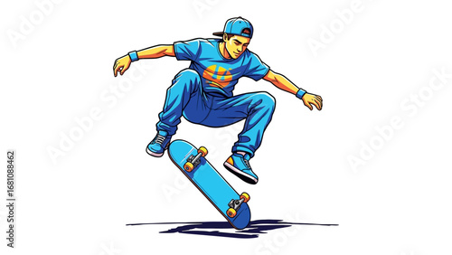 Skateboarder in Action: A dynamic illustration captures a young skateboarder executing a gravity-defying trick, showcasing athleticism and skill, capturing the essence of youth and urban culture.